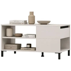 Tavolino da Salotto Bianco Crema Nero un Cassetto con Piedini 102x55x52h cm, 3 Vani - Salentina