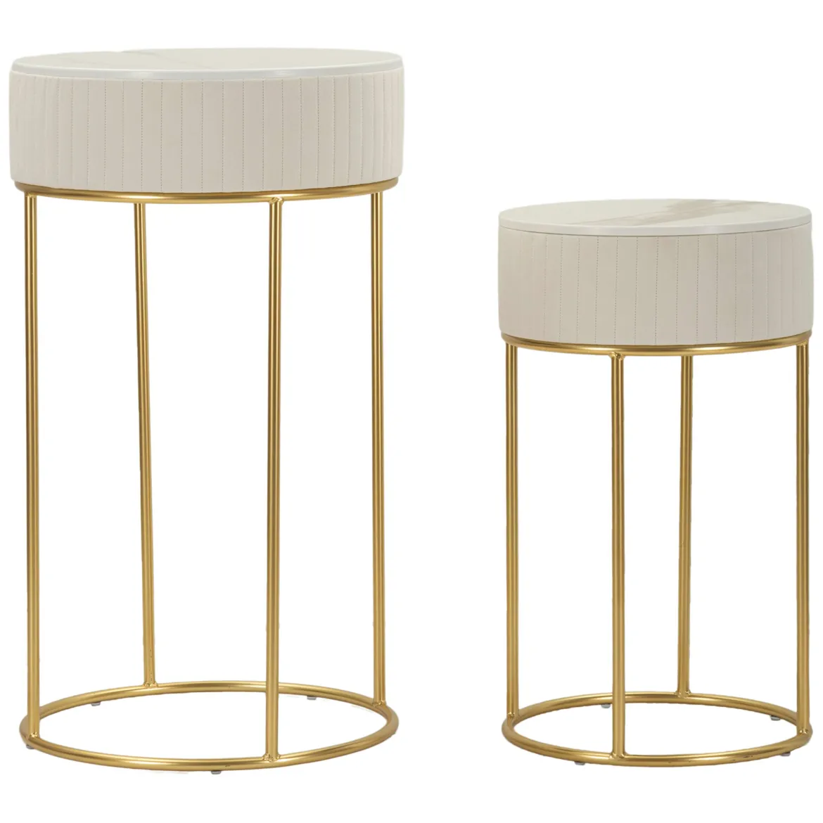 Tavolino da Salotto Bianco Crema oro set da 2 Forma Rotondo 50x50x90h cm, Colore Ripiano Bianco - Davapa