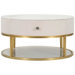 Tavolino da Salotto Bianco Crema oro un Cassetto Rivestimento in Tessuto Imbottito 75x75x36h cm, un Vano - Dalasida