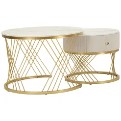 Tavolino da Salotto Bianco Crema oro un Cassetto Rivestimento in Tessuto Imbottito Modulabile 70x70x48h cm, un Vano - Davazate