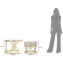 Tavolino da Salotto Bianco Crema oro un Cassetto Rivestimento in Tessuto Imbottito Modulabile 70x70x48h cm, un Vano - Davazate