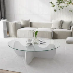 Tavolino da Salotto Bianco Effetto Fume Forma Rotonda 90x90x30h cm, Materiale Piano in Vetro - Willow