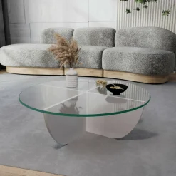 Tavolino da Salotto Bianco Forma Circolare Materiale Piano in Vetro 90x90x30h cm, Colore Ripiano Trasparente - Jolanda