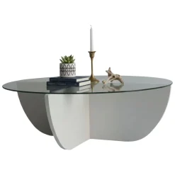 Tavolino da Salotto Bianco Forma Circolare Materiale Piano in Vetro 90x90x30h cm, Colore Ripiano Trasparente - Jolanda