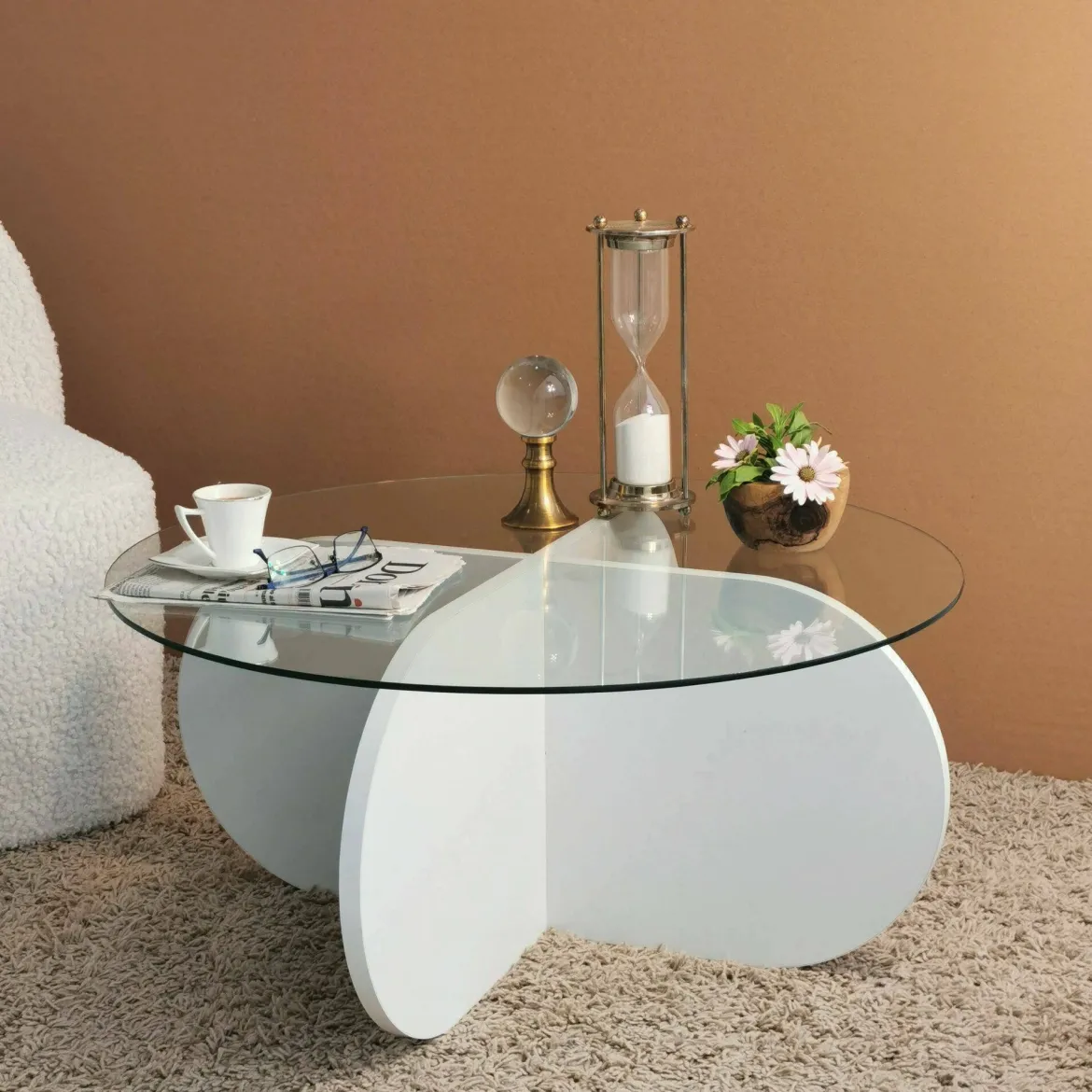 Tavolino da Salotto Bianco Forma Rotondo Colore Ripiano Bianco 47x59x47h cm, Materiale Piano in Metallo - Fanamaba