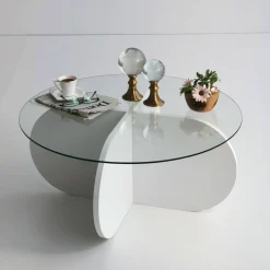 Tavolino da Salotto Bianco Forma Rotonda Materiale Piano in Vetro 75x75x35h cm, Colore Ripiano Trasparente - Nila