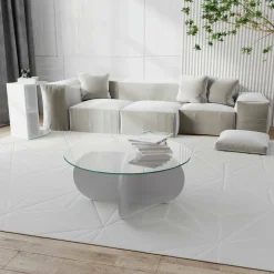 Tavolino da Salotto Bianco Forma Rotonda Materiale Piano in Vetro 75x75x35h cm, Colore Ripiano Trasparente - Nila