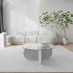 Tavolino da Salotto Bianco Forma Rotonda Materiale Piano in Vetro 75x75x35h cm, Colore Ripiano Trasparente - Nila