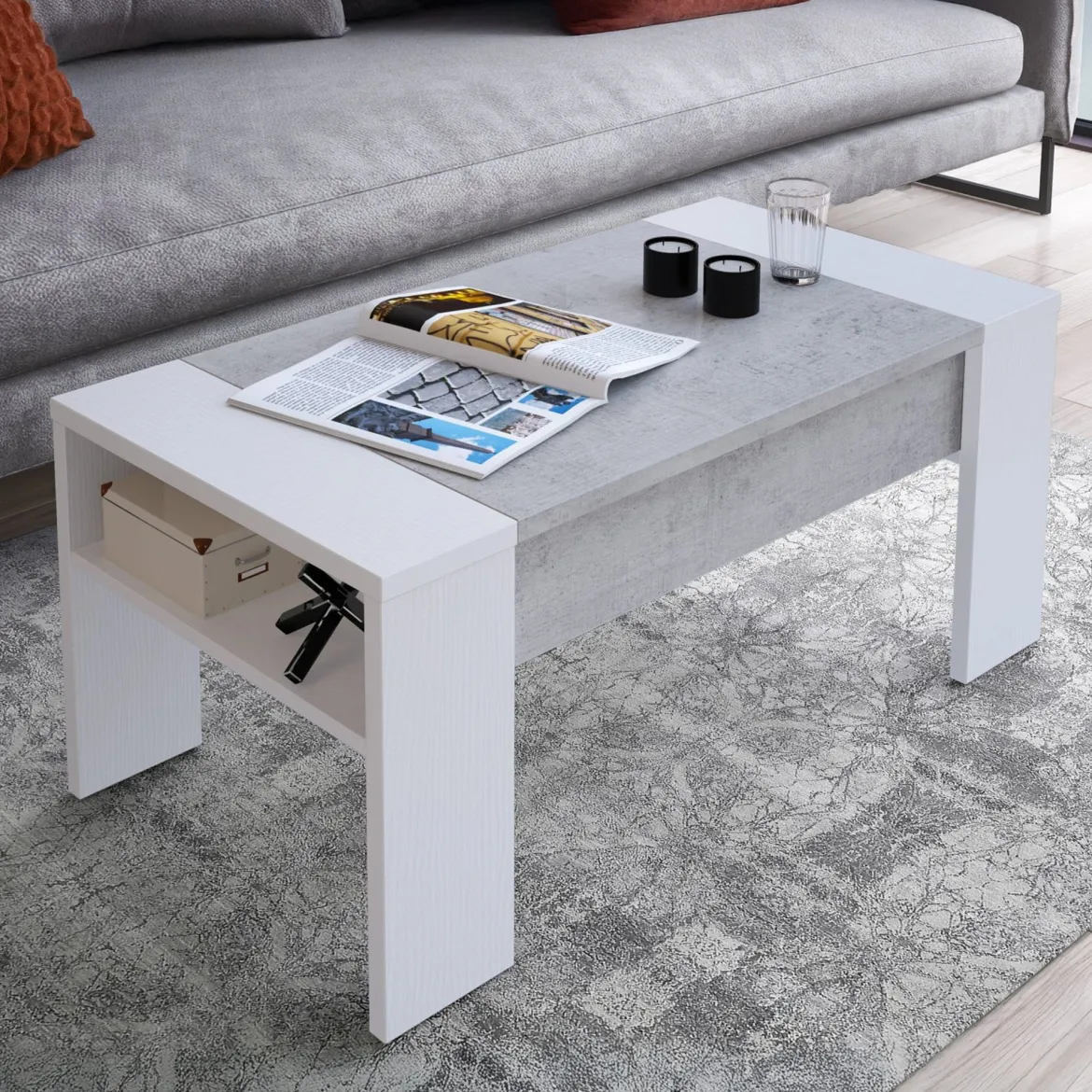 Tavolino da Salotto Bianco Grigio Cemento un Vano Forma Rettangolare 98x50x43h cm, Piano Sollevabile - Corallo