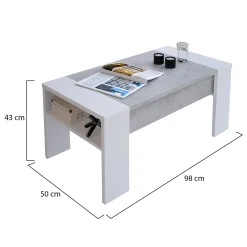 Tavolino da Salotto Bianco Grigio Cemento un Vano Forma Rettangolare 98x50x43h cm, Piano Sollevabile - Corallo