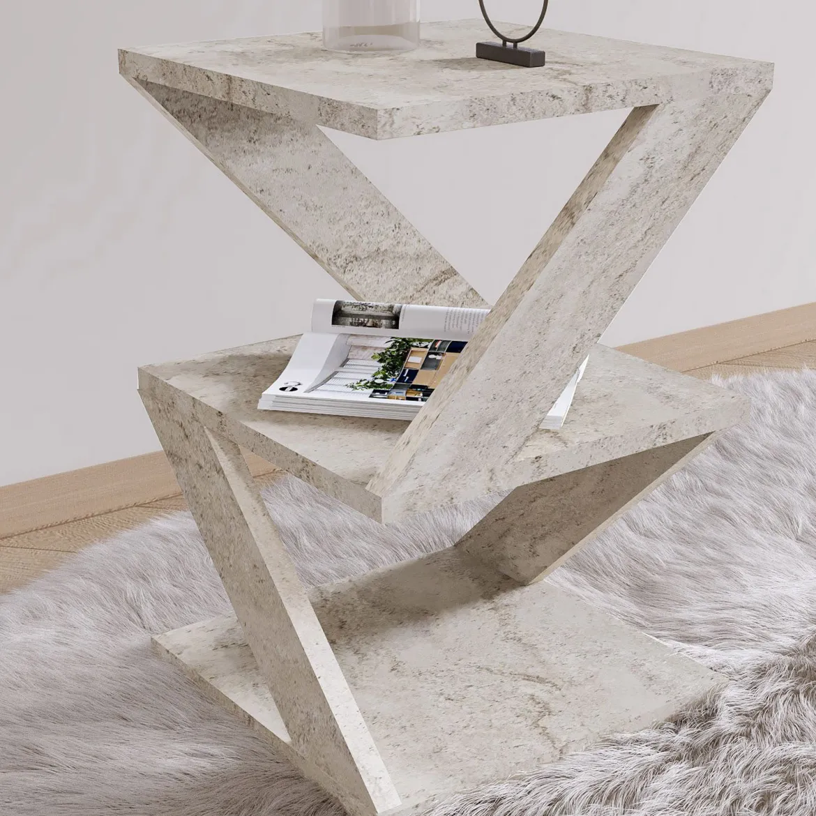 Tavolino da Salotto Bianco Marmo 2 Vani Forma Quadrato 30x30x54h cm, Sfumatura Colore Ripiano Marmo - Dovera