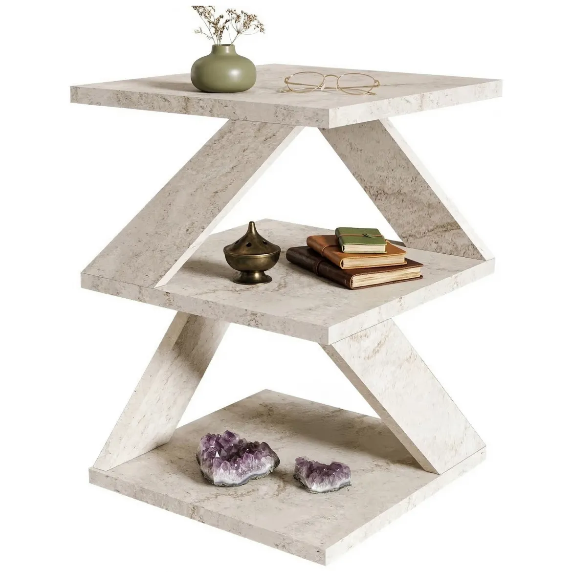 Tavolino da Salotto Bianco Marmo 2 Vani Forma Quadrato 30x30x54h cm, Sfumatura Colore Ripiano Marmo - Dovera