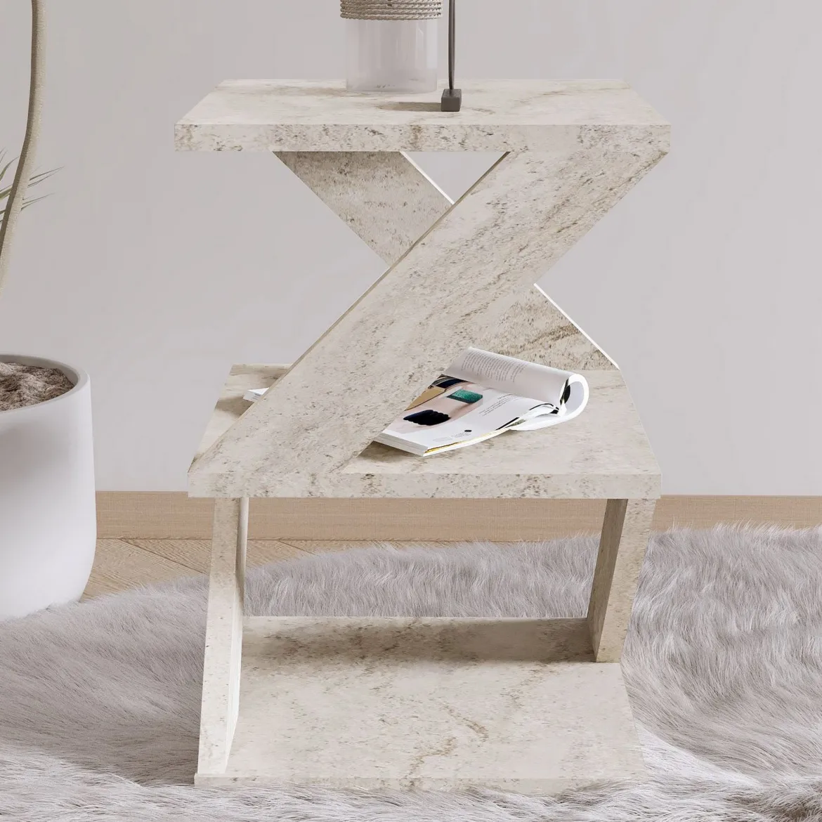 Tavolino da Salotto Bianco Marmo 2 Vani Forma Quadrato 30x30x54h cm, Sfumatura Colore Ripiano Marmo - Dovera