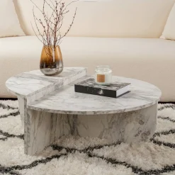 Tavolino da Salotto Bianco Marmo Forma Rotondo Materiale Piano in Legno Nobilitato 90x90x40h cm, Colore Ripiano Bianco - Simbario