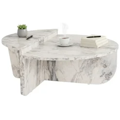 Tavolino da Salotto Bianco Marmo Forma Rotondo Materiale Piano in Legno Nobilitato 90x90x40h cm, Colore Ripiano Bianco - Simbario