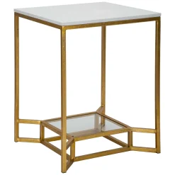 Tavolino da Salotto Bianco Marmo oro Piano Effetto Marmo Forma Quadrato 47x47x60h cm, Colore Ripiano Bianco - Atiu