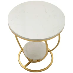 Tavolino da Salotto Bianco Marmo oro Struttura a Cuore Forma Rotondo 40x40x46h cm, Colore Ripiano Bianco - Masaka