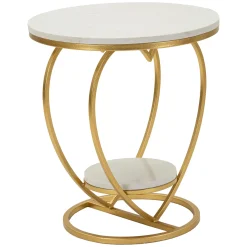 Tavolino da Salotto Bianco Marmo oro Struttura a Cuore Forma Rotondo 40x40x46h cm, Colore Ripiano Bianco - Masaka