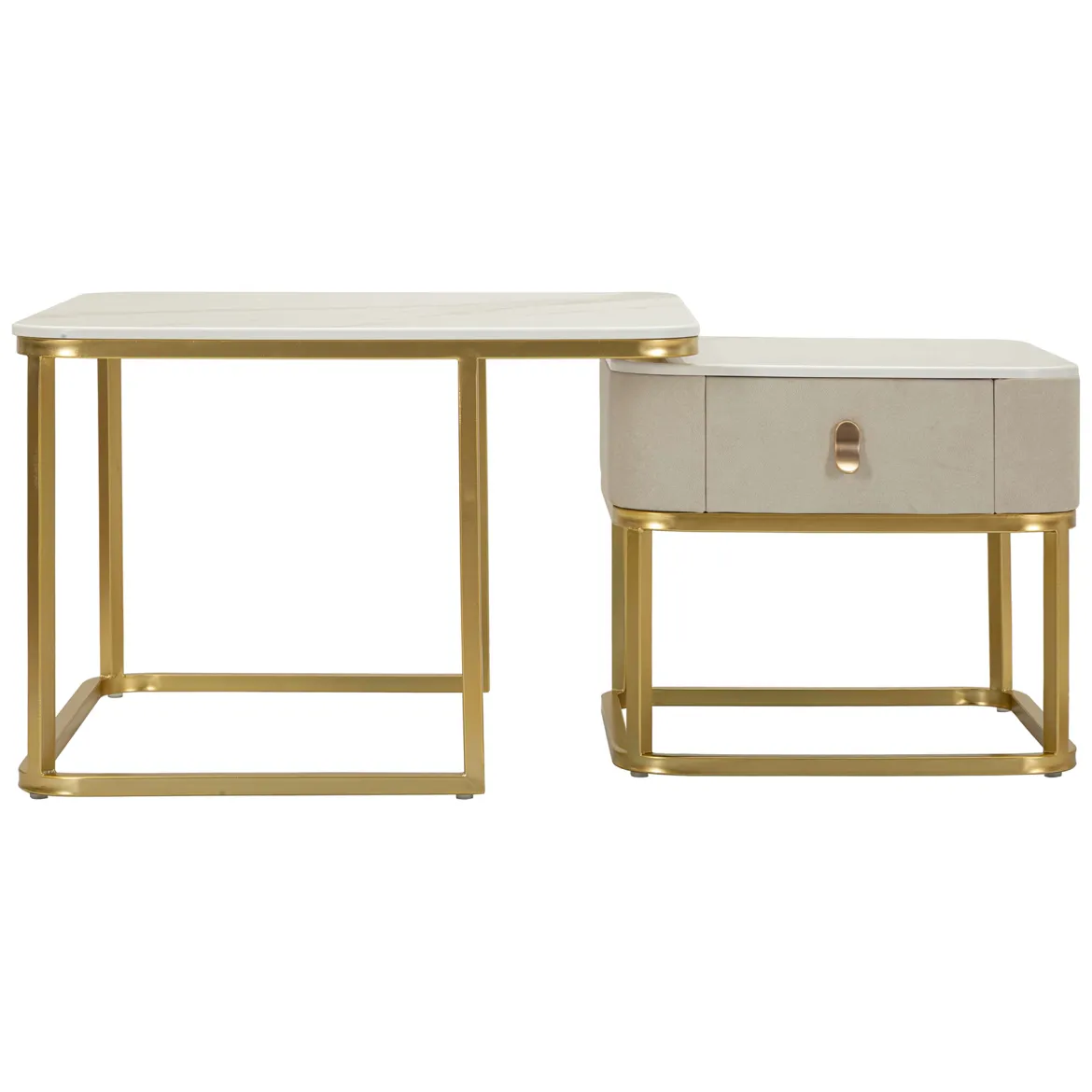 Tavolino da Salotto Bianco Marmo oro un Cassetto set da 2 Componibile 70x70x48h cm, Forma Quadrato - Davarere