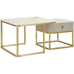 Tavolino da Salotto Bianco Marmo oro un Cassetto set da 2 Componibile 70x70x48h cm, Forma Quadrato - Davarere
