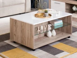 Tavolino da Salotto Bianco Marrone Noce con Ruote 2 Vani 101x60x45h cm, Forma Rettangolare - Giussano