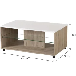 Tavolino da Salotto Bianco Marrone Noce con Ruote 2 Vani 101x60x45h cm, Forma Rettangolare - Giussano