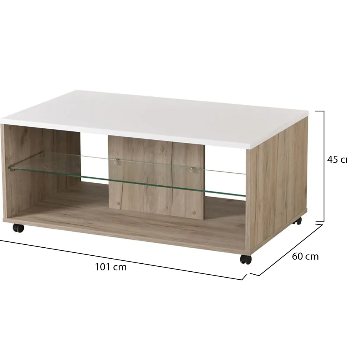 Tavolino da Salotto Bianco Marrone Noce con Ruote 2 Vani 101x60x45h cm, Forma Rettangolare - Giussano
