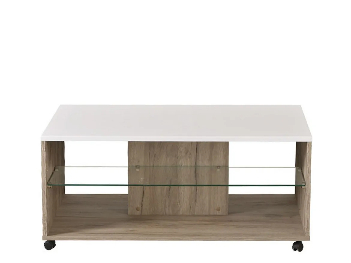 Tavolino da Salotto Bianco Marrone Noce con Ruote 2 Vani 101x60x45h cm, Forma Rettangolare - Giussano