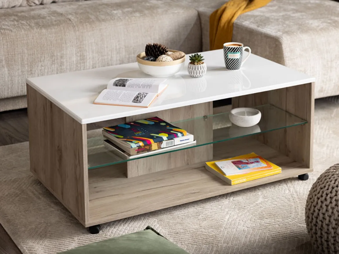 Tavolino da Salotto Bianco Marrone Noce con Ruote 2 Vani 101x60x45h cm, Forma Rettangolare - Giussano