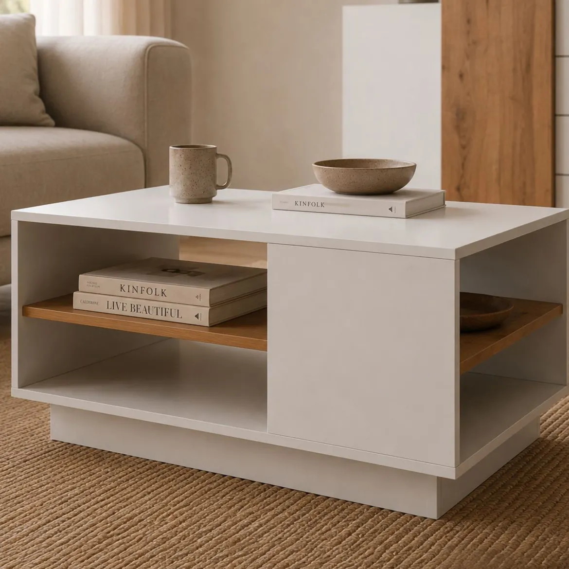 Tavolino da Salotto Bianco Marrone Rovere 2 Vani Forma Rettangolare 100x60x46h cm, Colore Ripiano Bianco - Kari