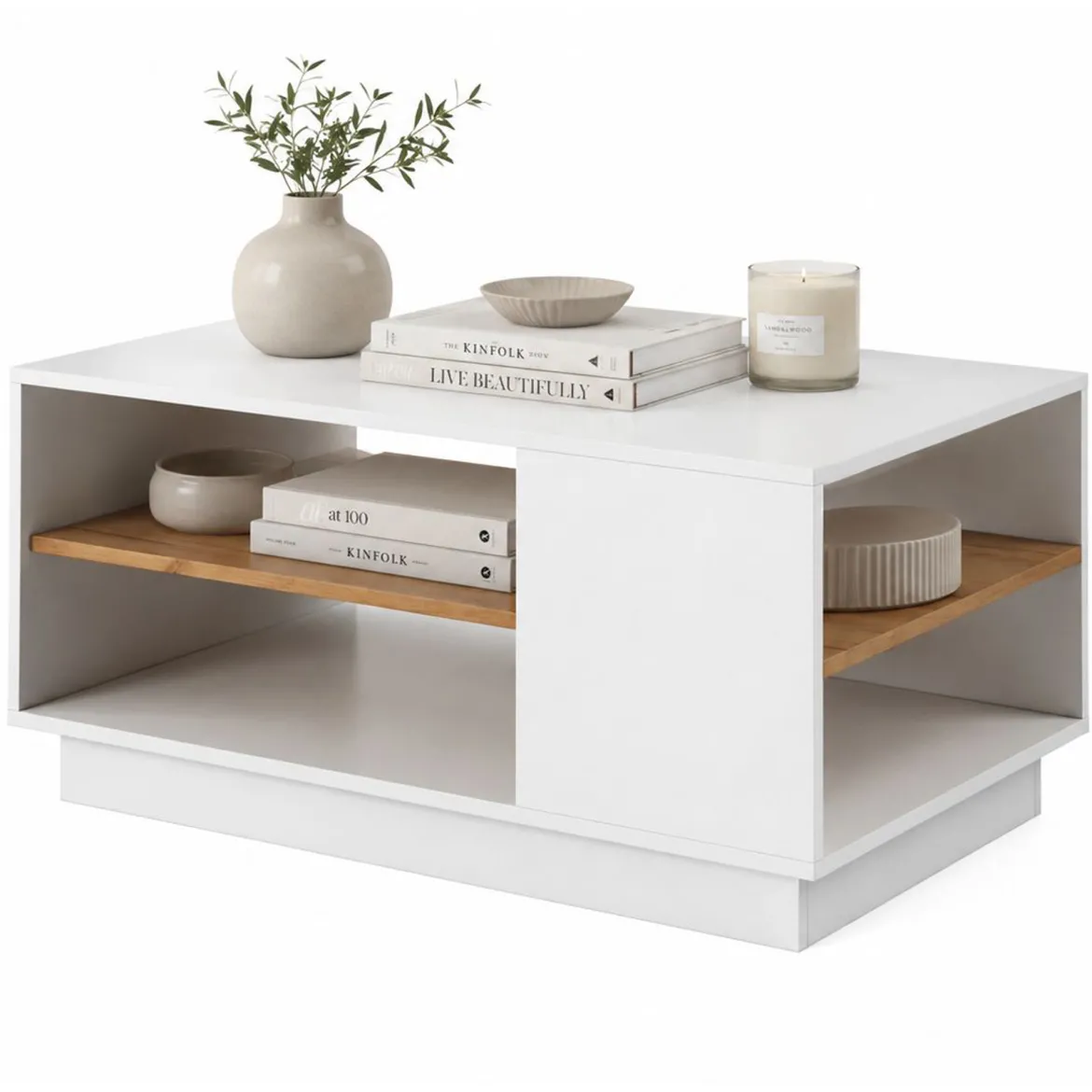 Tavolino da Salotto Bianco Marrone Rovere 2 Vani Forma Rettangolare 100x60x46h cm, Colore Ripiano Bianco - Kari