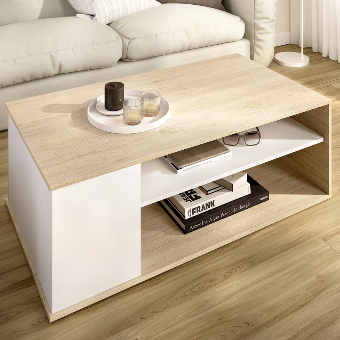 Tavolino da Salotto Bianco Marrone Rovere Cassetti 50x100x42h cm, 3 Vani - Fargo