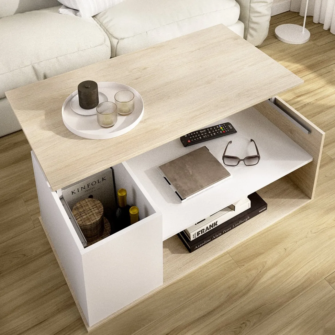 Tavolino da Salotto Bianco Marrone Rovere Cassetti 50x100x42h cm, 3 Vani - Fargo