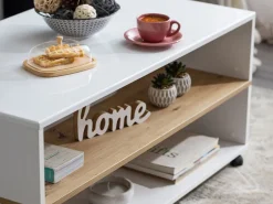 Tavolino da Salotto Bianco Marrone Rovere Nodi con Ruote 2 Vani 101x54.5x47.5h cm, Forma Rettangolare - Erice