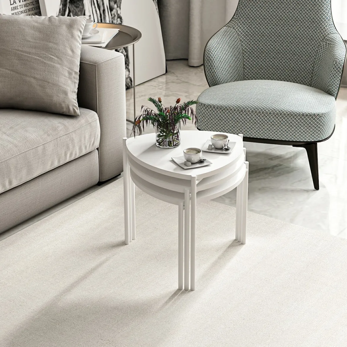Tavolino da Salotto Bianco Modulabile Forma Triangolare 45x45x45h cm, Materiale Piano in Legno Nobilitato - Carro