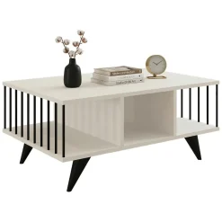 Tavolino da Salotto Bianco Nero con Piedini 3 Vani 90x60x40h cm, Forma Rettangolare - Dogliani