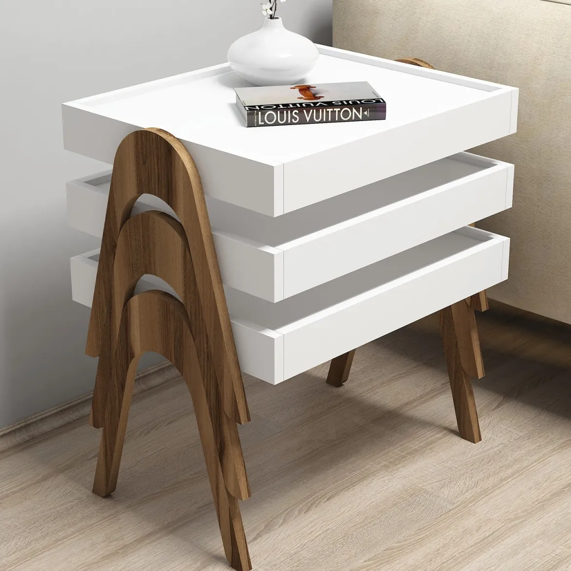 Tavolino da Salotto Bianco Noce Marrone set 3 Pezzi Impilabili Forma Rettangolare 54x40x64h cm, Colore Struttura Marrone - Strembo