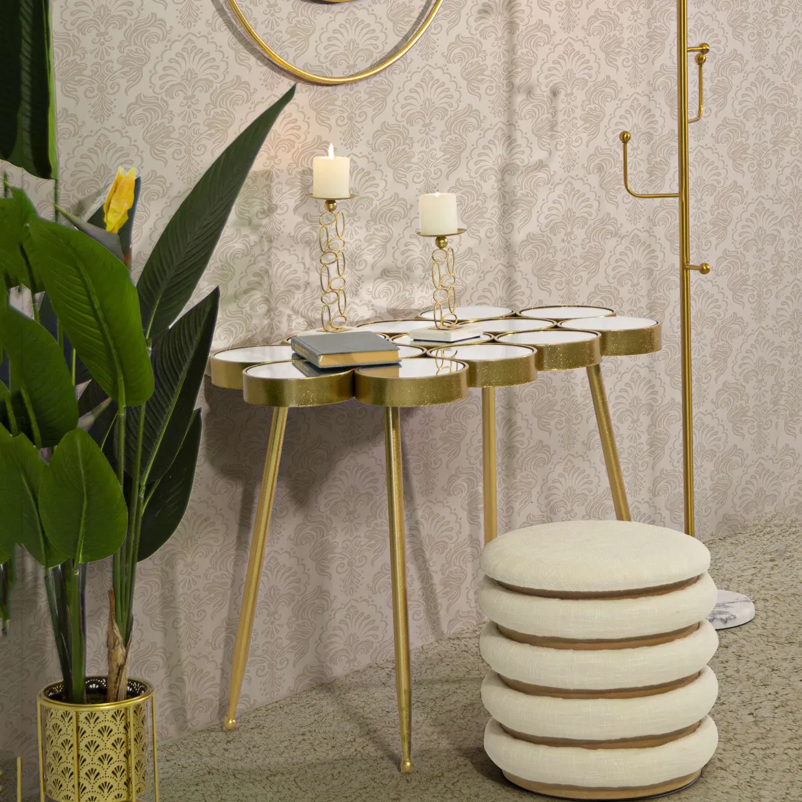 Tavolino da Salotto Bianco oro Forma Rotondo Colore Ripiano Bianco 43x35x43h cm, Materiale Struttura in Plastica - Kep