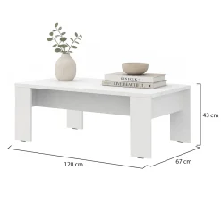 Tavolino da Salotto Bianco Piano Effetto Doghe Forma Rettangolare 120x67x43h cm, Colore Ripiano Bianco - Bertona