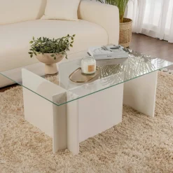 Tavolino da Salotto Bianco Portariviste Forma Rettangolare 105x65x40h cm, Materiale Piano in Vetro - Azriel