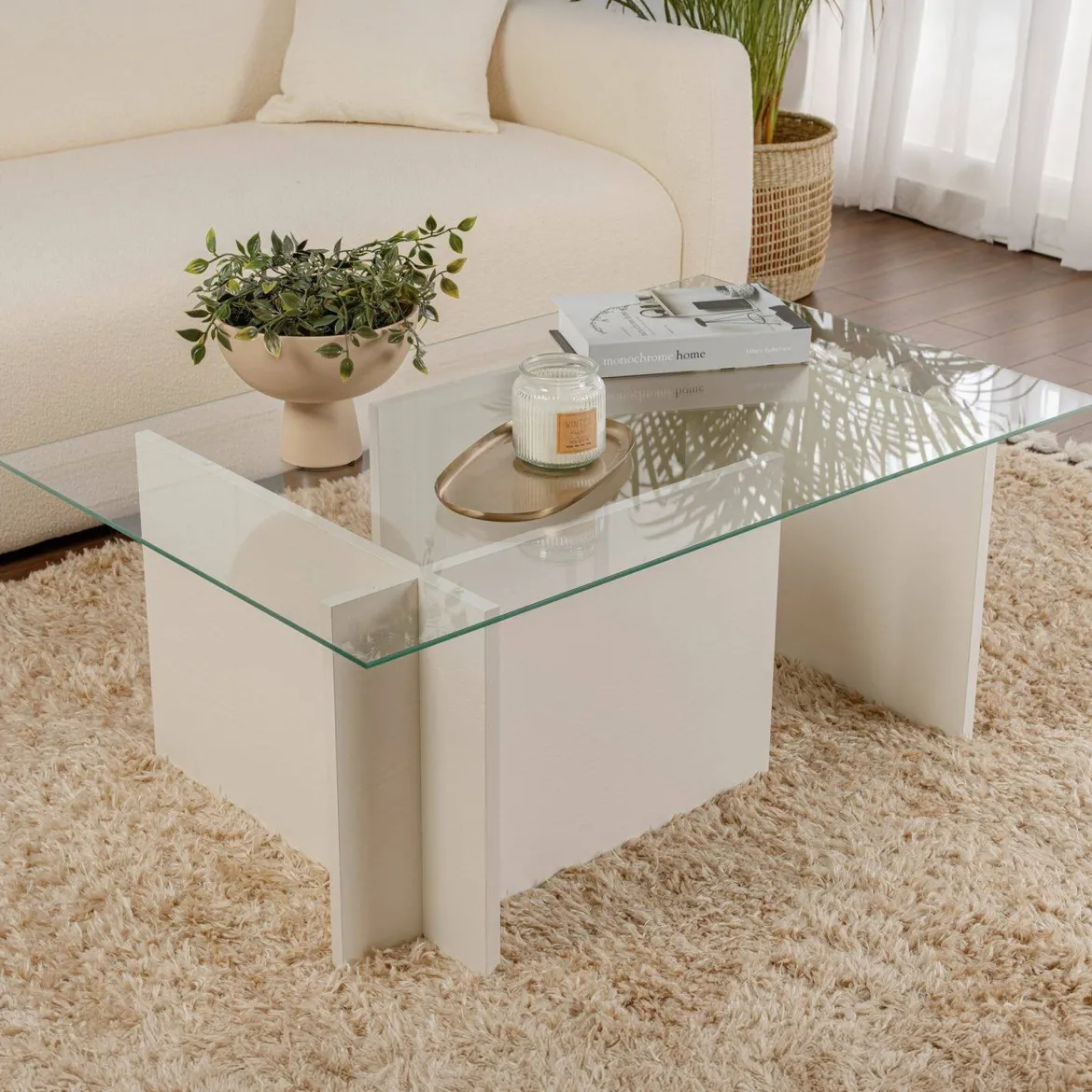 Tavolino da Salotto Bianco Portariviste Forma Rettangolare 105x65x40h cm, Materiale Piano in Vetro - Azriel