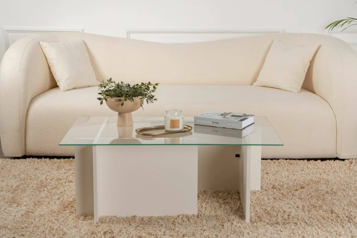 Tavolino da Salotto Bianco Portariviste Forma Rettangolare 105x65x40h cm, Materiale Piano in Vetro - Azriel