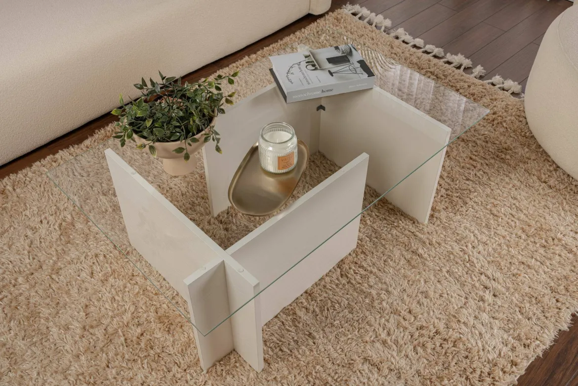 Tavolino da Salotto Bianco Portariviste Forma Rettangolare 105x65x40h cm, Materiale Piano in Vetro - Azriel
