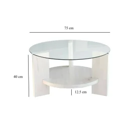 Tavolino da Salotto Bianco Portariviste Forma Rotonda 75x75x40h cm, Materiale Piano in Vetro - Felino
