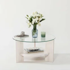 Tavolino da Salotto Bianco Portariviste Forma Rotonda 75x75x40h cm, Materiale Piano in Vetro - Felino
