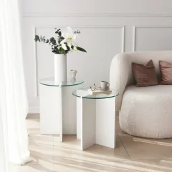 Tavolino da Salotto Bianco set 2 Pezzi Vetro Temperato Forma Rotondo 70x70x38h cm, Materiale Piano in Vetro - Genga