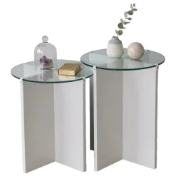 Tavolino da Salotto Bianco set 2 Pezzi Vetro Temperato Forma Rotondo 70x70x38h cm, Materiale Piano in Vetro - Genga