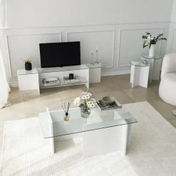 Tavolino da Salotto Bianco set 2 Pezzi Vetro Temperato Forma Rotondo 70x70x38h cm, Materiale Piano in Vetro - Genga