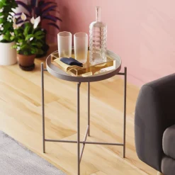 Tavolino da Salotto Grigio Chiaro Forma Rotondo Materiale Piano in Metallo 46x46x56h cm, Colore Ripiano Grigio - Gombito