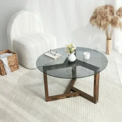 Tavolino da Salotto Grigio Noce Effetto Fume Forma Rotonda 75x75x40h cm, Materiale Struttura in Vetro - Luigia